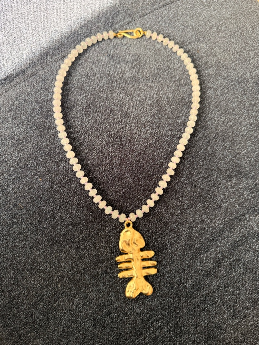 Gold Fishbone Pendant Necklace with White Beads